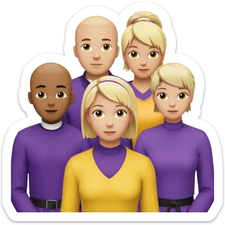 5 person team; 2 men and 3 women.  All dressed in yellow or purple.  1 caucasian woman with blonde mid length hair. 1 caucasian woman with blonde short length hair. 1 caucasian woman has ash blonde hair tied up. 1 man is African-american and bald, 1 man is caucasian and very little hair left.  
 sticker