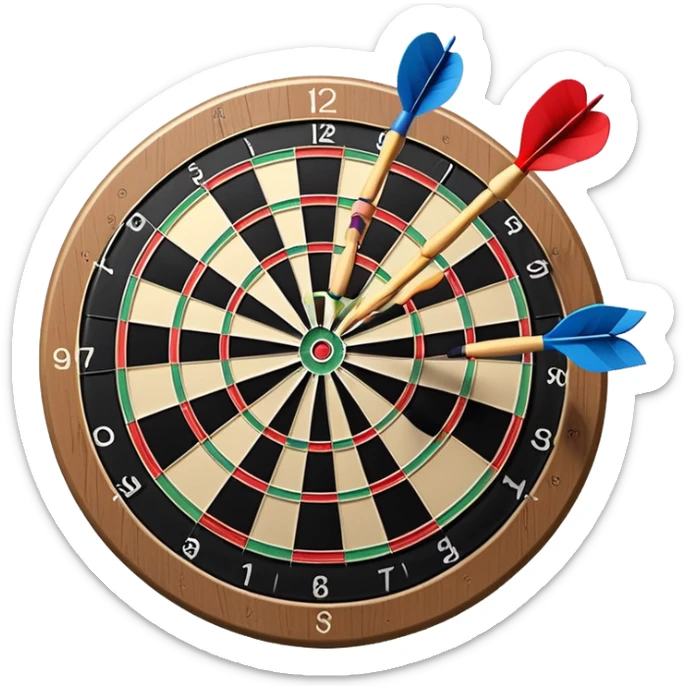 A dartboard with darts firmly stuck in the bullseye, surrounded by the colorful sections of the target. The background conveys a competitive atmosphere, with a subtle focus on precision and skill in the game of darts. sticker