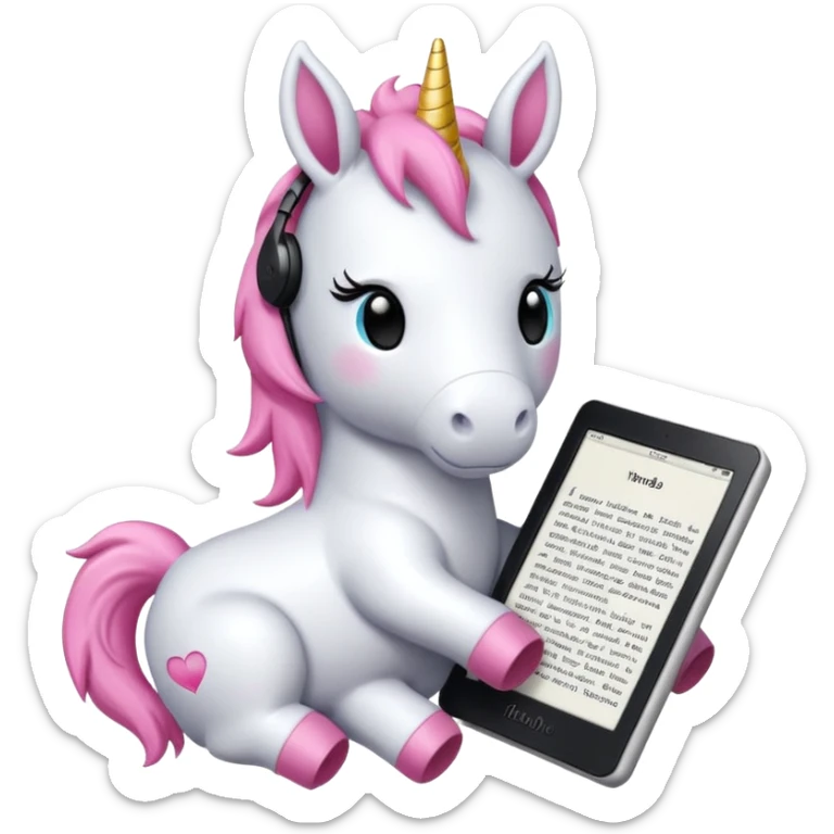 Unicorno peluche bianco con corno rosa brillantato con sulla testa un paio di cuffie e un Amazon Kindle in mano sticker