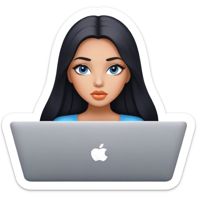 Glamours, tanned, very beautiful girl, with big pump peach lips, black straight smooth silky long hair, straight parting, blue-grey eyes with MacBook sticker