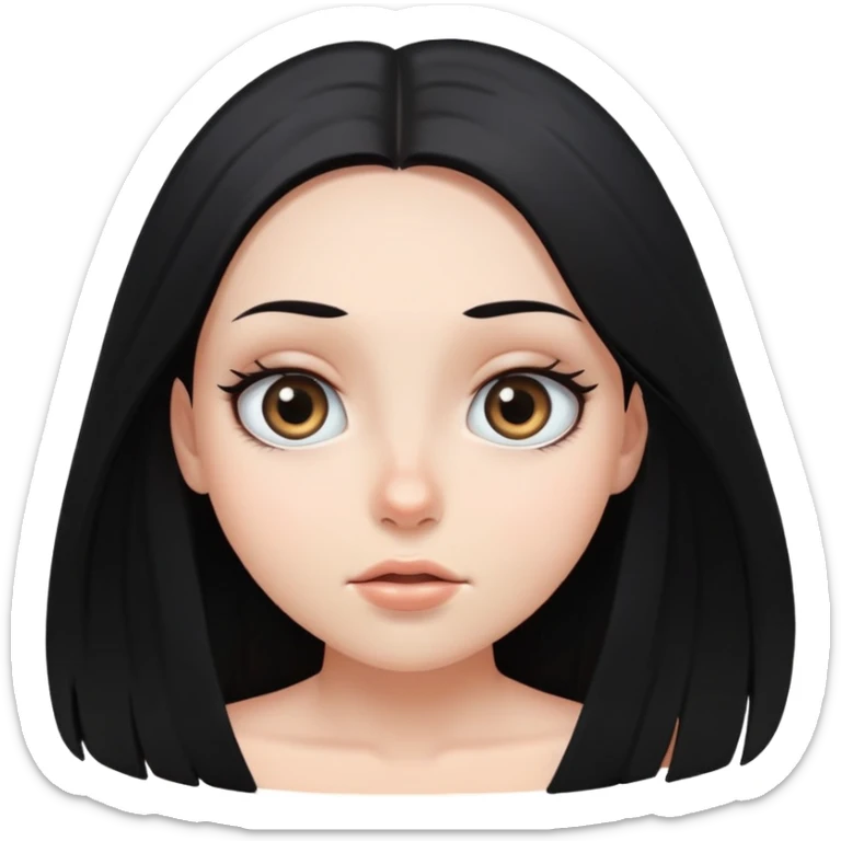White girl face closeup with huge round eyes, long straight black hair falling in front of her bare shoulders, face closeup sticker