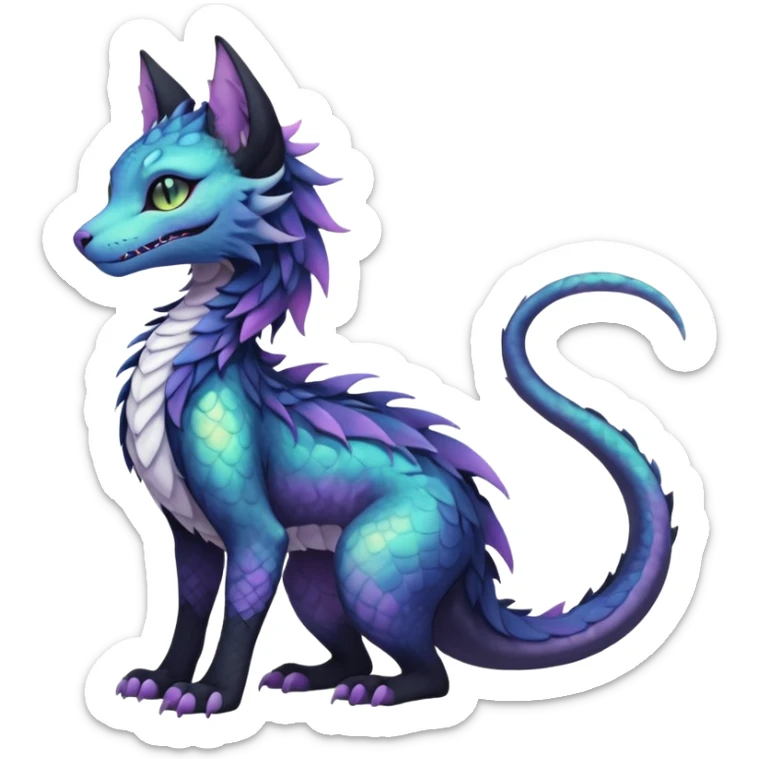 Kawaii black pastel iridescent beautiful pretty elegant divine edgy fantasy feline-vernid-sergal-Haku-dragon-fursona animal creature, full body with intricate markings  sticker