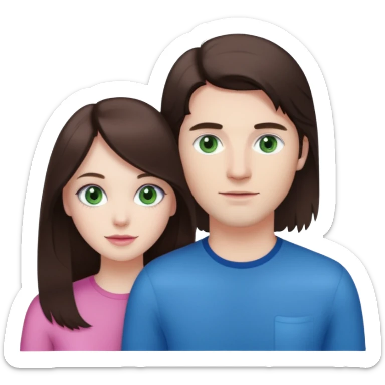 pink polaroid photo of a couple thats white with long brunette hair blue eyes and a white guy with short brunette hair and green eyes sticker