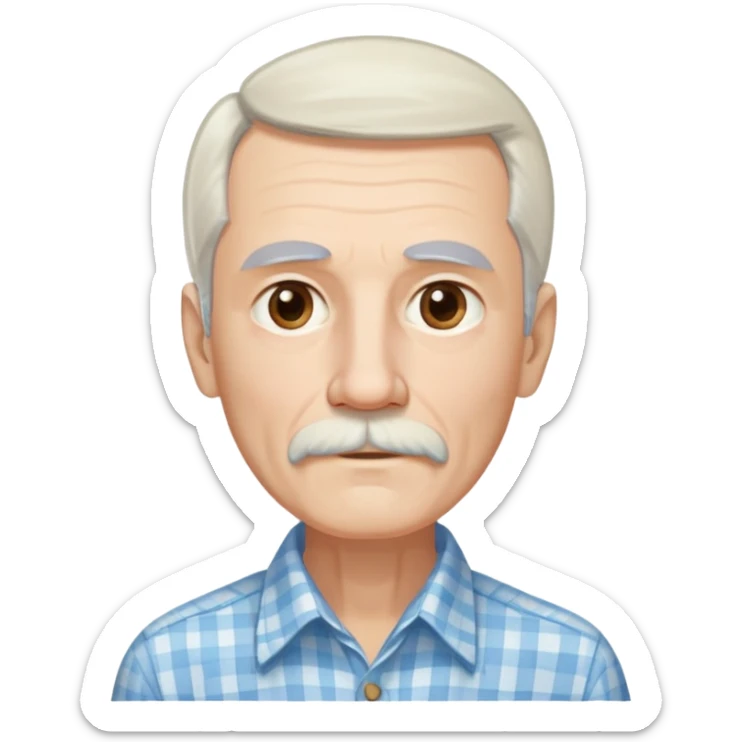 Skinny man in his 70s with fair skin. Long narrow face. Gentle light brown eyes. Fine straight white hair with light bangs, hair length extends below the ears. Thin eyebrows. White goatee connected to mustache. Slender appearance. Wearing a light blue and beige checkered button-up shirt. sticker