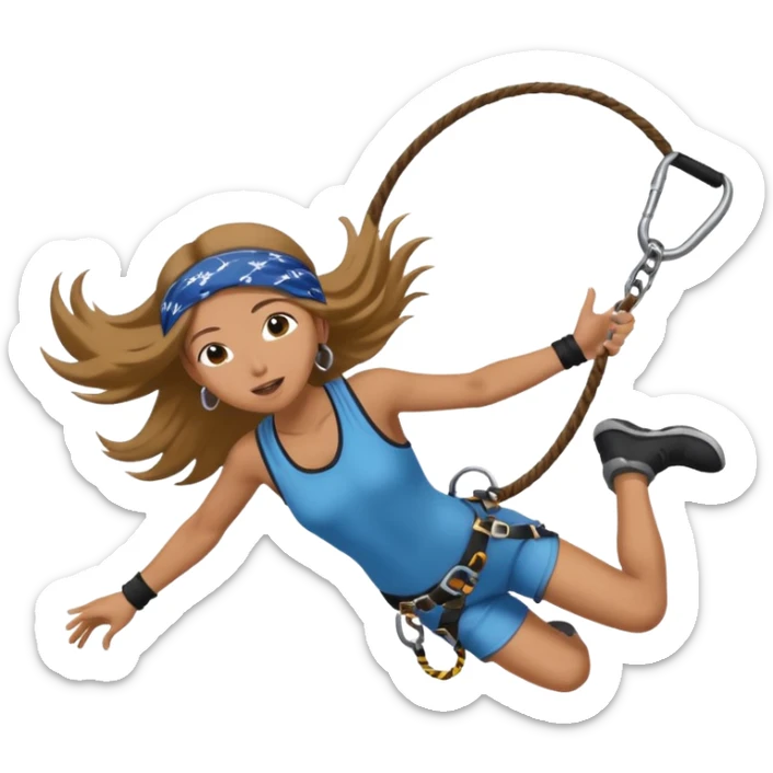 bungee jumping face in action with earrings and long hair flying away and bandana sticker