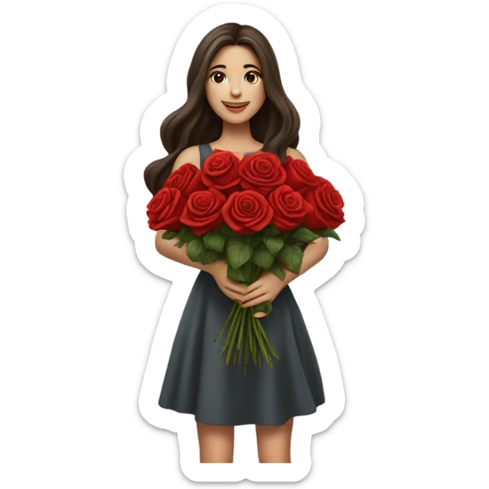 girl with beautiful long hair brunette in her hands a huge bouquet of red roses sticker