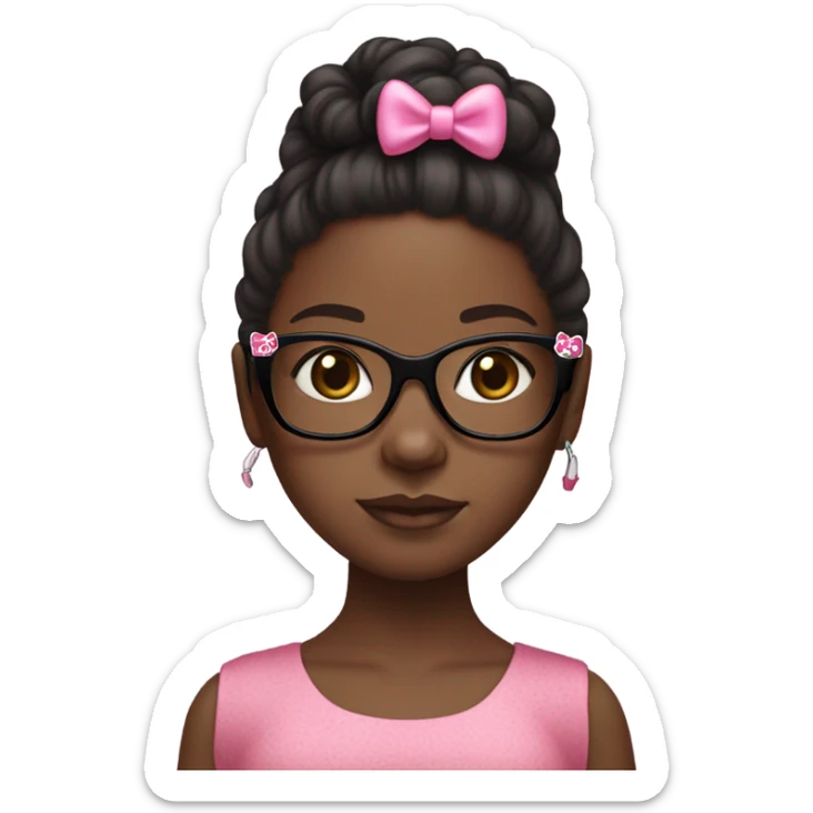 Black girl with long brown hair with a pink bow in her hair with black glasses with a hello kitty crop top on sticker