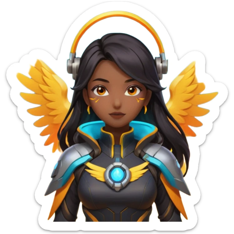 emojis.com an-asian-girl-with-dark-long-hair-and-dark-eyes,-wearing-futuristic-clothes-like-mercy-from-overwatch,-has-her-wings.-on-the-background-is-nebula-of-yellow,-orange,-red-and-turquoise-colours.-she's sticker