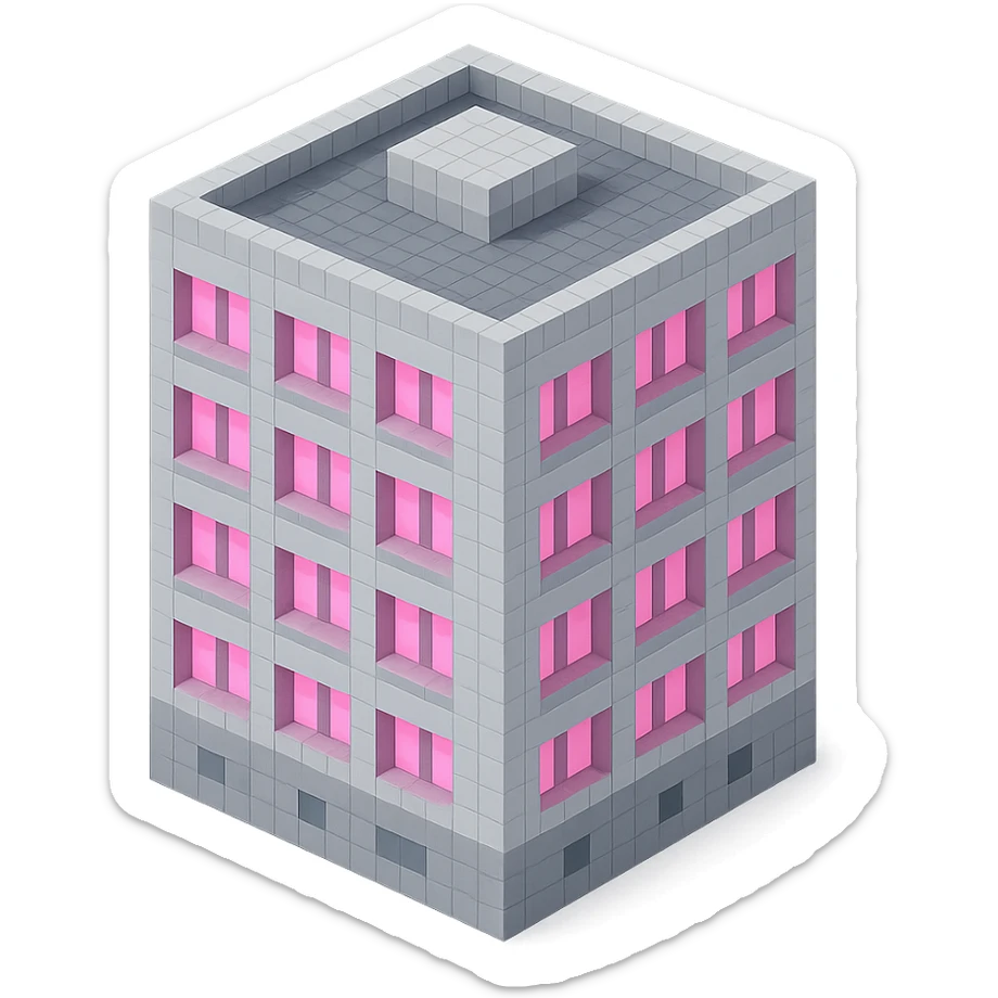 Russian panel apartment building, square block shape, light gray concrete, windows glowing pink, isometric view sticker