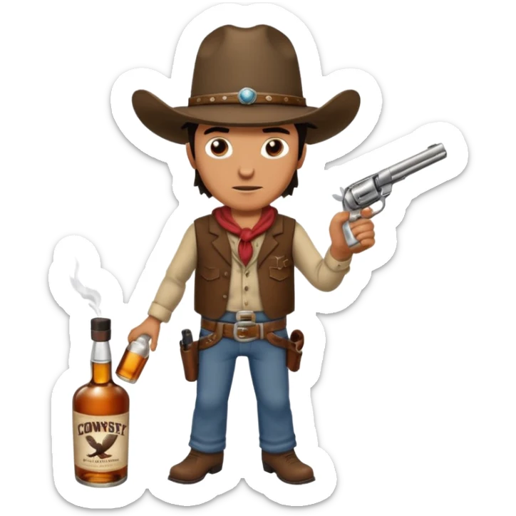 A rough and tumble cowboy with a 6 shooter and a bottle of whiskey. From the view of a bird looking down on the cowboy. Make the graphics dark and gritty in the style of your beeding skull art. sticker