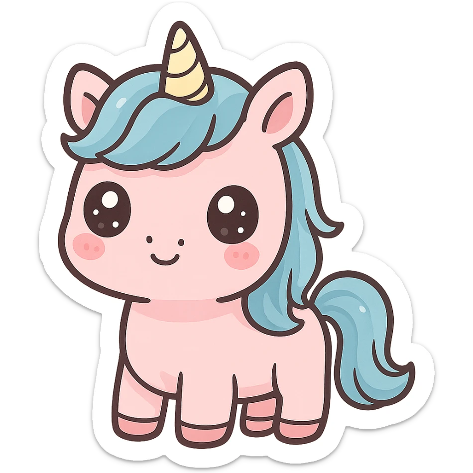 kawaii pink unicorn with blue hair, cute face, big eyes sticker