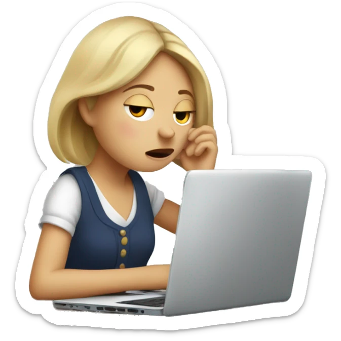 tired french girl with laptop drinking a lot of coffee sticker