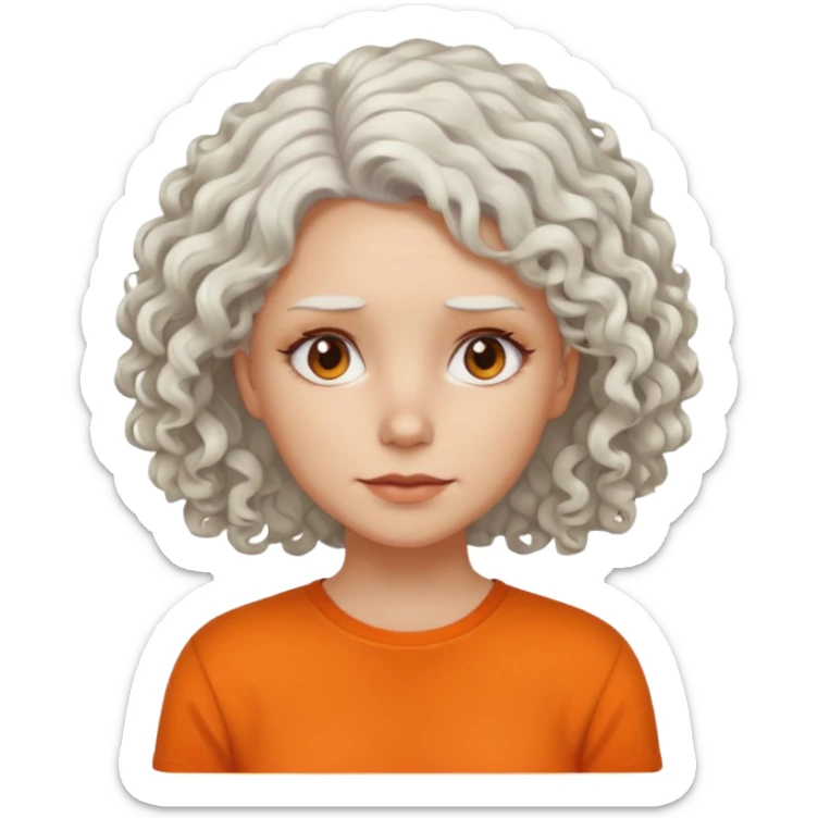 curly white  hair woman in orange shirt no smile sticker