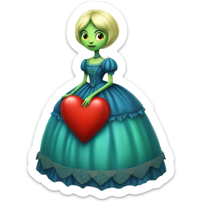 "galora green blonde alien woman" in blue Victorian dress elegant, full body, holdig red big hearth sticker