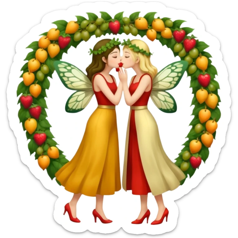 full body two women kissing, fruit vine outfits and moth swarm halo sticker