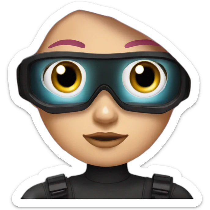 woman with blues eyes, large and straight brown hair, pink diving mask with a single crystal. underwater black suit sticker