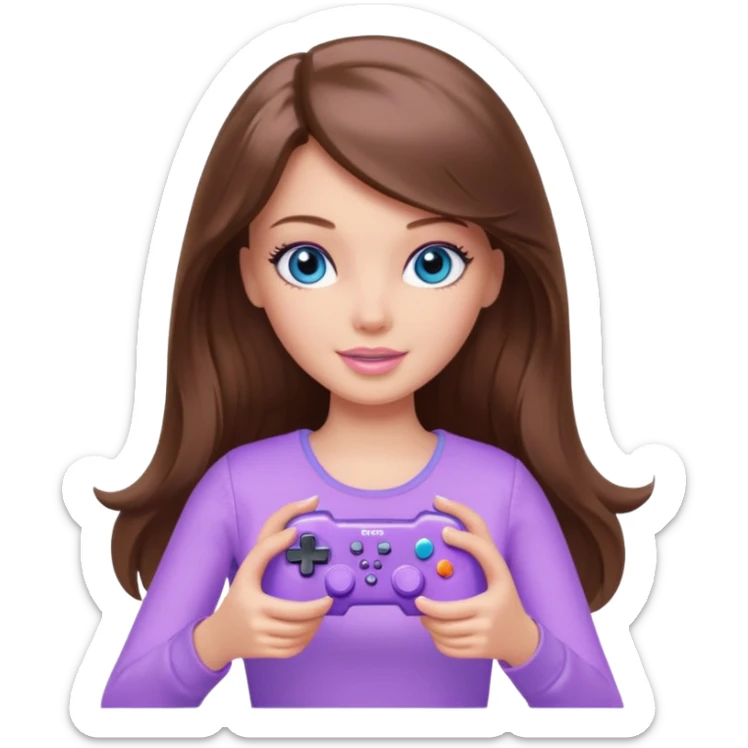 beautiful barbie girl with long brown hair, blue eyes and wearing light purple clothes playing console games with controller sticker