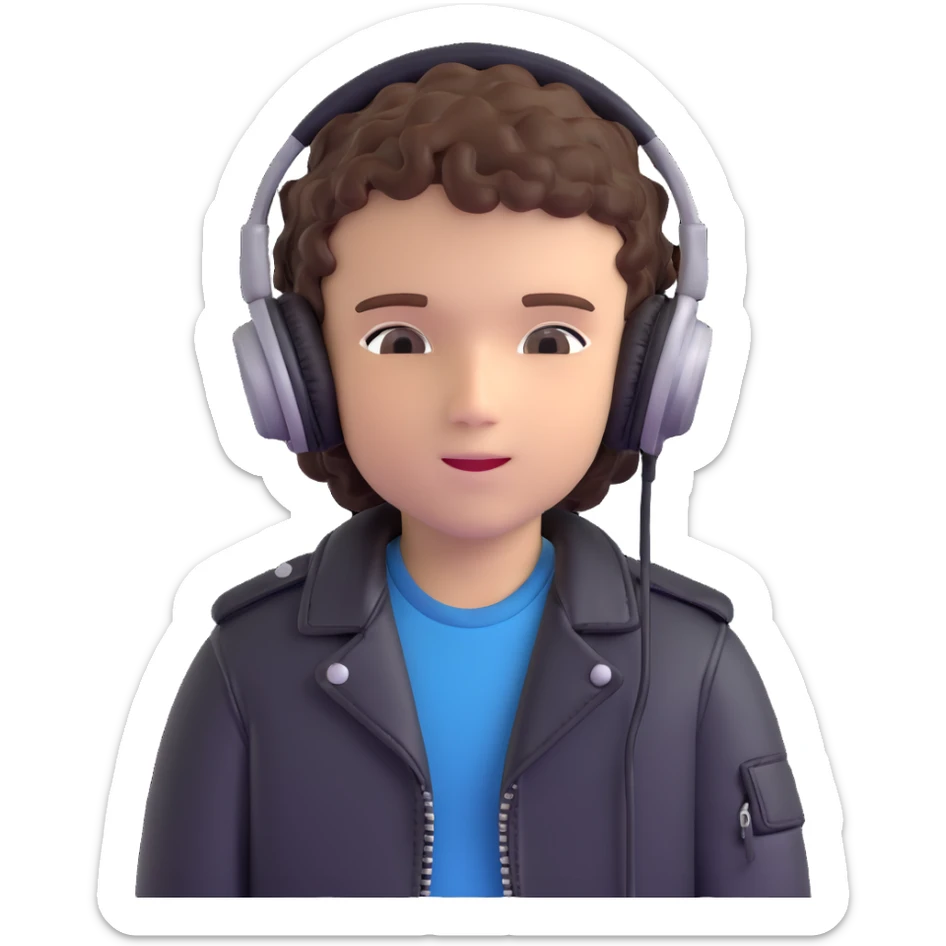 curly haired boy wearing a leather jacket and headphones music producer sticker
