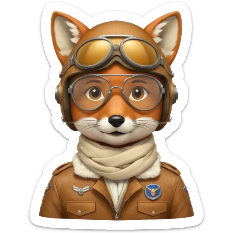 renard aviateur, casque en cuir, écharpe blanche, lunettes "climax" sur le casque au dessus des yeux, blouson aviateur sticker