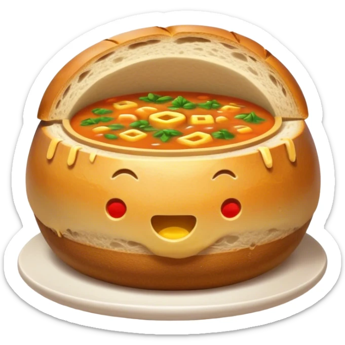 Żurek Cinematic Realistic Żurek Soup Dish Emoji, depicted as a tangy rye soup served inside a hollowed-out round loaf of bread, rendered with rich textures and dynamic, comforting lighting. sticker