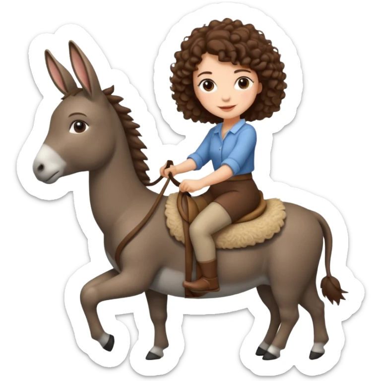 cute woman short tight curly brown hair riding an gentle donkey sticker