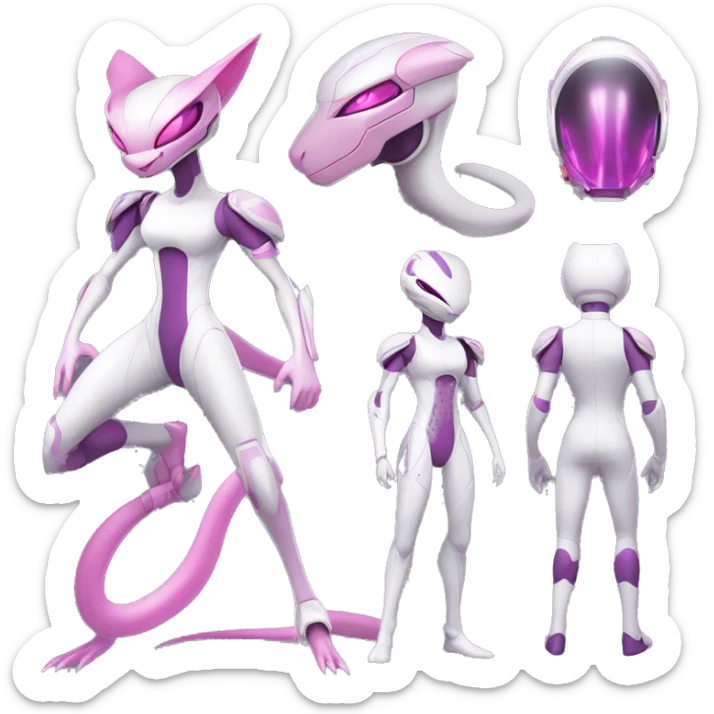 White body, Anthro-Sona-Lizard-Alien-Salazzle-Mew-Mewtwo-Fakémon, with pink eyes, with a futuristic visor-helmet, wearing a techwear-suit, Full Body sticker