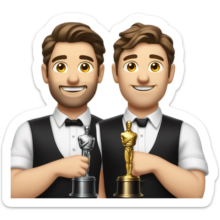 Two bar tenders Dressed in white shirts, black weats, black aprons and black ties receive an oscar. They are males with brown hair. sticker