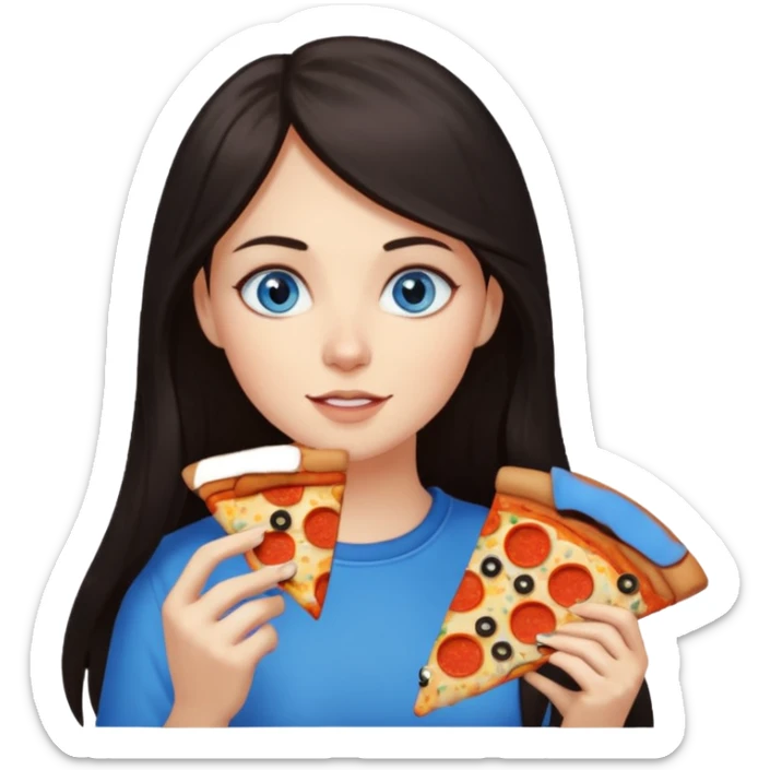 Woman with long dark hair and blue eyes eating pizza  sticker