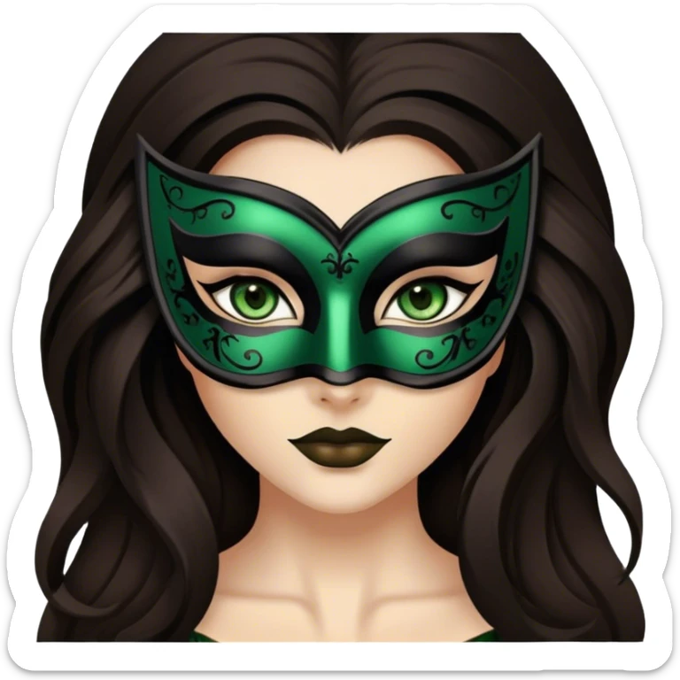 Greeneyed Woman hair with Long Dark brown hair wearing Black venetian mask sticker