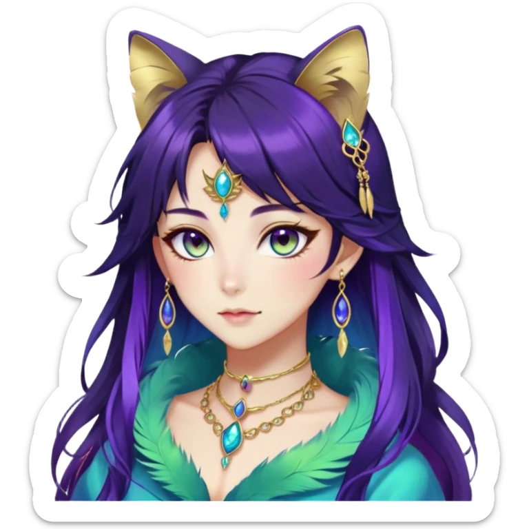 Beautiful gorgeous anime lady with beautiful dark-brown-special-hair, fashion aesthetic, ethereal, violet feather, accessories, gold jewelries, gold, colorful, feline ears, colorful hazel-green-blue-gradient eyes sticker