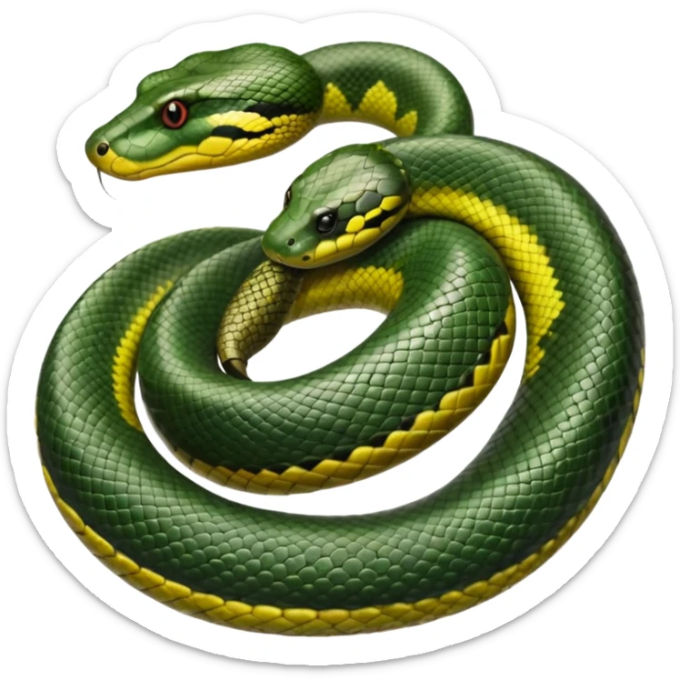 A photo-realistic top-down view of a Green Anaconda tightly coiled in a spiral, with its broad, flat head resting at the center. Its olive-green body is thick and muscular, patterned with symmetrical, bold black oval spots that flow along its smooth, glossy scales, that are camoflaged sticker