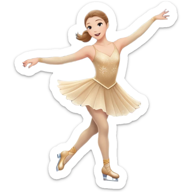 An icon showing a graceful figure skater mid-spin on a sparkling ice rink, wearing an elegant costume. The background features festive arena lights, snowflakes, and cheering spectators. Transparent background captures the beauty, artistry, and elegance of figure skating. sticker