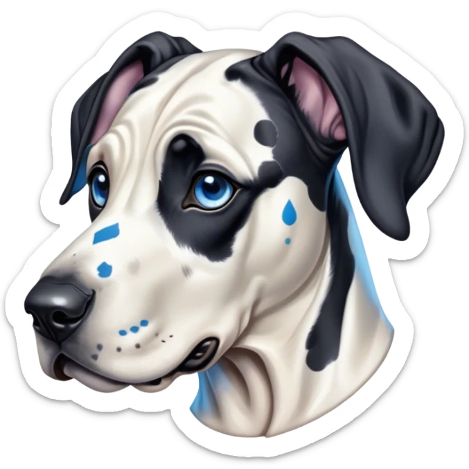 Cinematic Cute Harlequin Great Dane Portrait Emoji, Head tilted playfully and inquisitively, featuring a glossy coat of predominantly white with dynamic black patches, round, sparkling blue eyes filled with gentle curiosity, Simplified yet irresistibly adorable features, highly detailed, glowing with a warm, friendly glow, high shine, affectionate and gentle, stylized with a touch of whimsy, bright and endearing, soft glowing outline, capturing the essence of a mischievous yet loving pup, so playful it feels like it could lumber out of the screen and into your arms! sticker