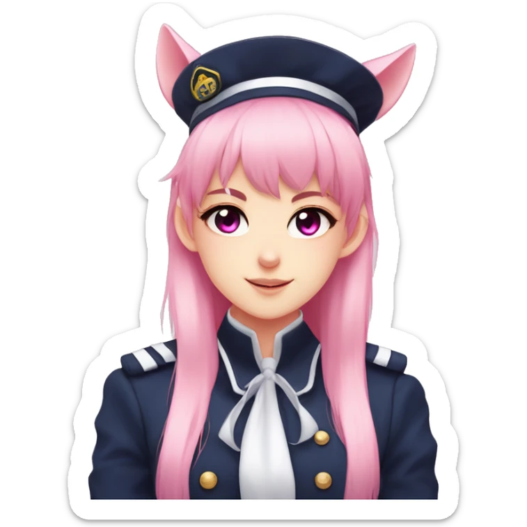 Anime girl, pink eyes, navy uniform, pink pony tail with bangs to the side, pink ghost cat on top of her hat, black choker, elf ears with pier sticker