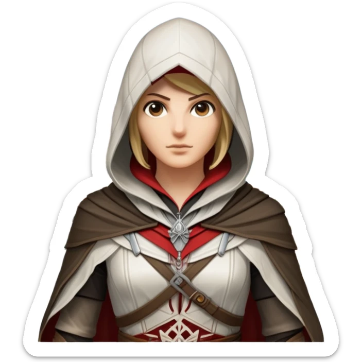icon featuring Assasin's Creed in an iconic assassin's hood, standing tall. Florence is on background. The design captures the essence of adventure, with intricate details of historical architecture and a sense of mystery. The character is poised, ready for action. transparent background. sticker
