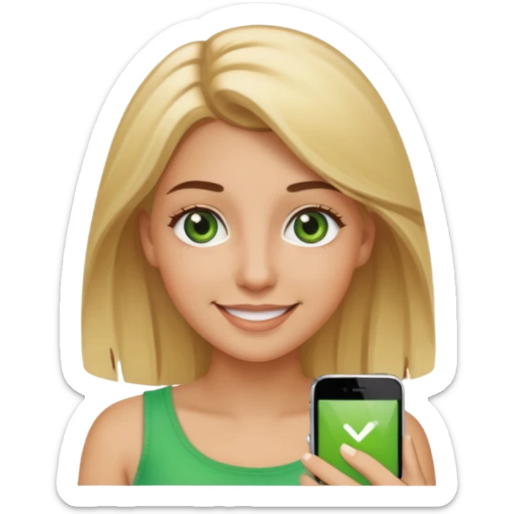 smiling young woman with blonde hair, green eyes, brown eyebrows, summer tan, iPhone emoji style sticker