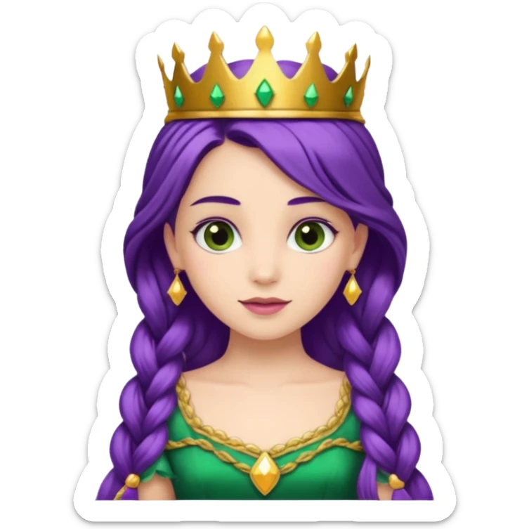 Princesses, with Gold Crown on purple braid hair, with green dress sticker