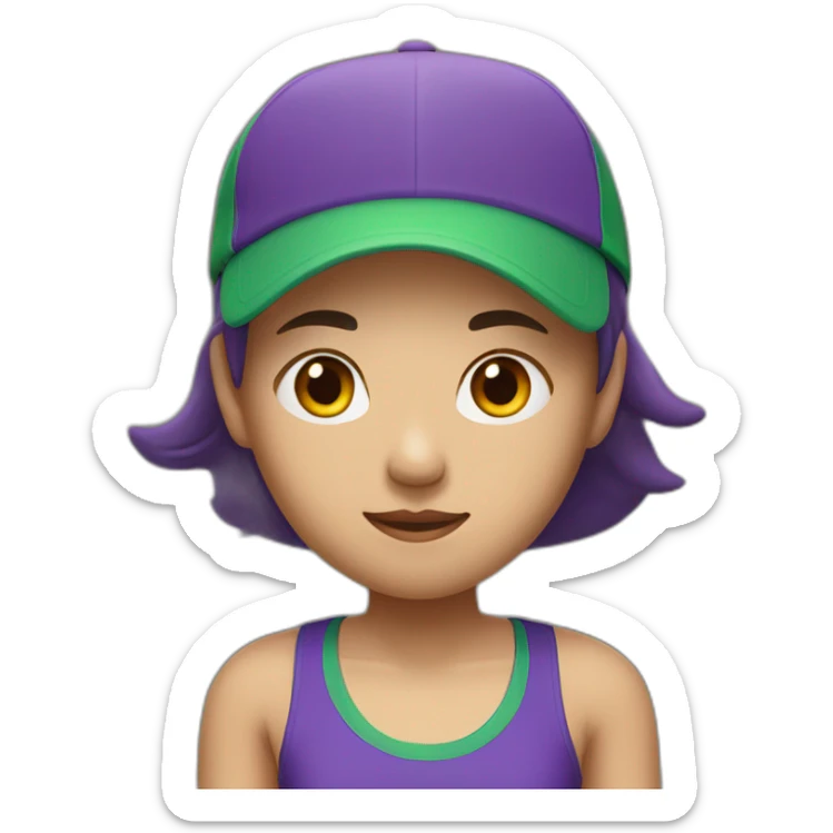 asian woman wearing a backwards green sports cap on her head a wearing a purple singlet sticker