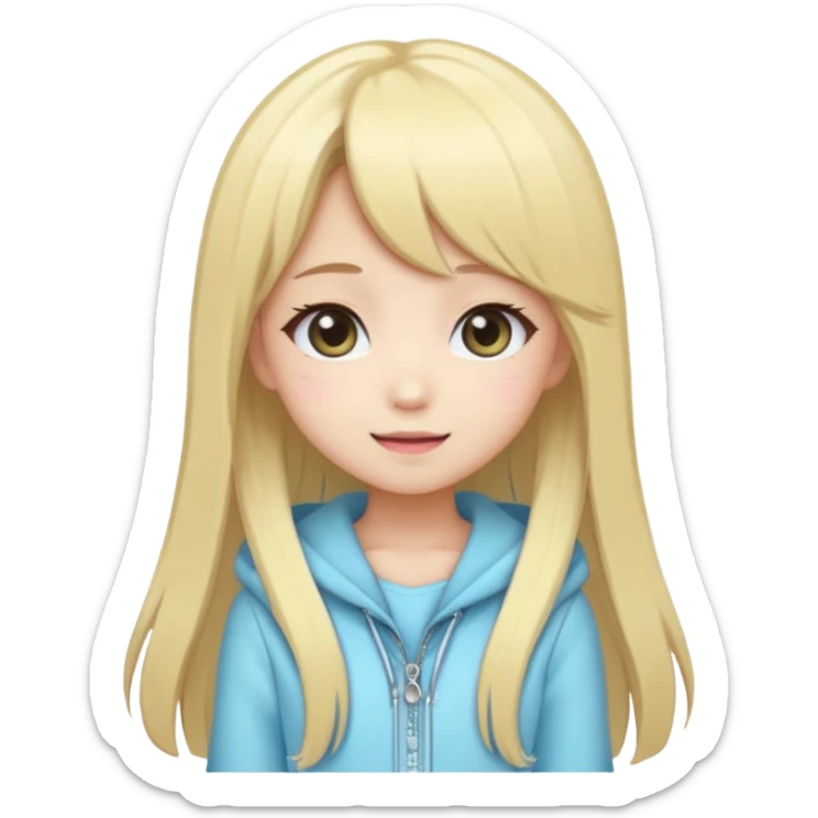 Cute kawaii emoji-style Japanese K-pop girl, blonde long hair , trendy K-pop outfit with Japanese cute fashion vibes, big sparkling eyes, chibi proportions, clean lineart, pastel colors, cheerful idol smile, sticker/emoji style, transparent background sticker