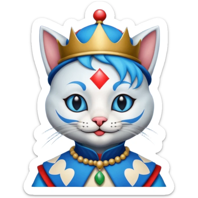 crazy colorful cute little cat jolly joker from poker, medieval, vintage, court jester, mac os icon, blue color, poker cards sticker