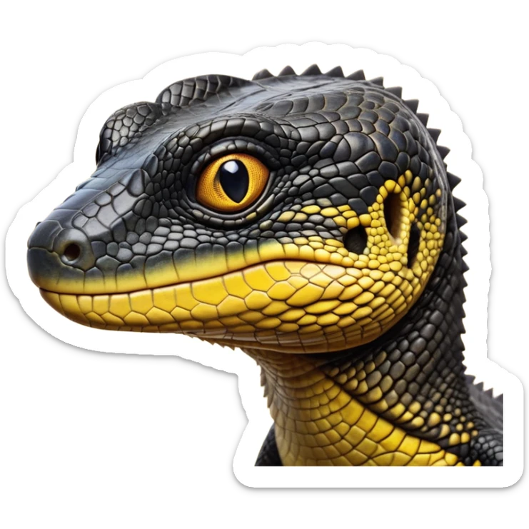 cinematic-realistic-cute-monitor-lizard-portrait-emoji,-head-tilted-playfully-and-inquisitively,-featuring-a-compact,-agile-body-with-finely-detailed,-glossy-scales-in-earthy-black and yellow-hues-and-a-distinct,-alert-face-with-bright,-curious-eyes, black , yellow spotted and green band  scales and a big long neck sticker