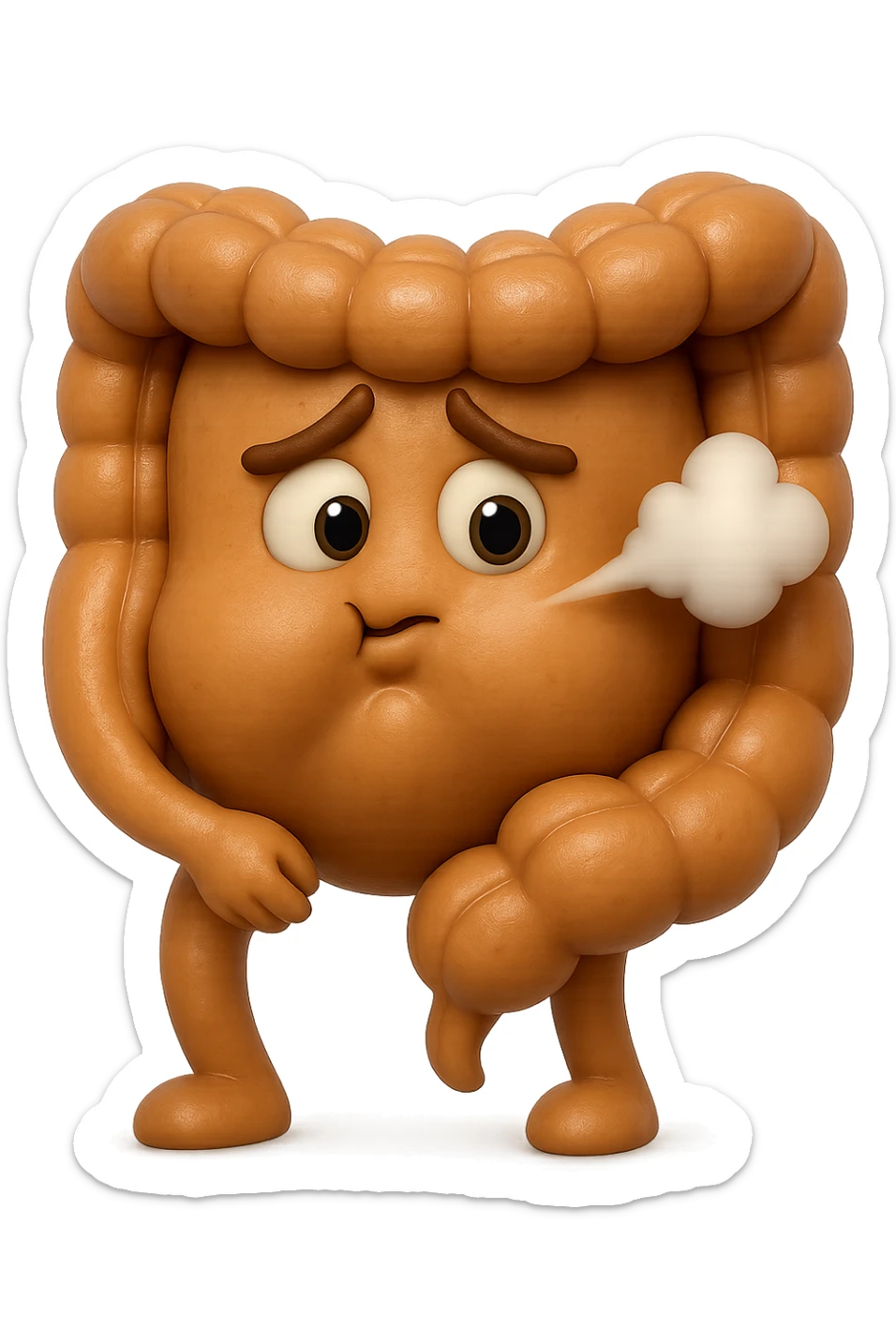 emoji stile iphone di un intestino che ingoia una nuvoletta di aria ben visibile e gli si gonfia la pancia, non fargli il naso, iperrealistico 4k sticker
