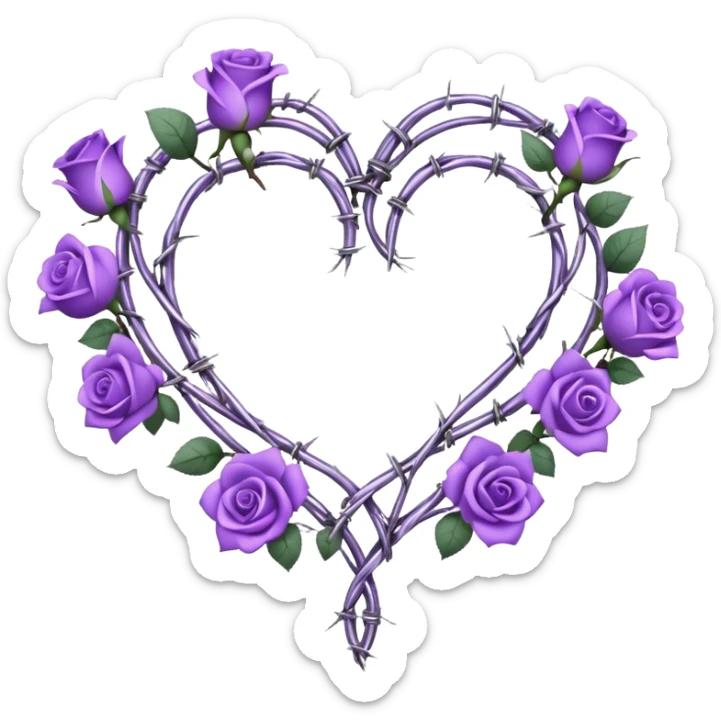 heart shape made out of barb wire vines with purple roses border with crystals hanging  sticker