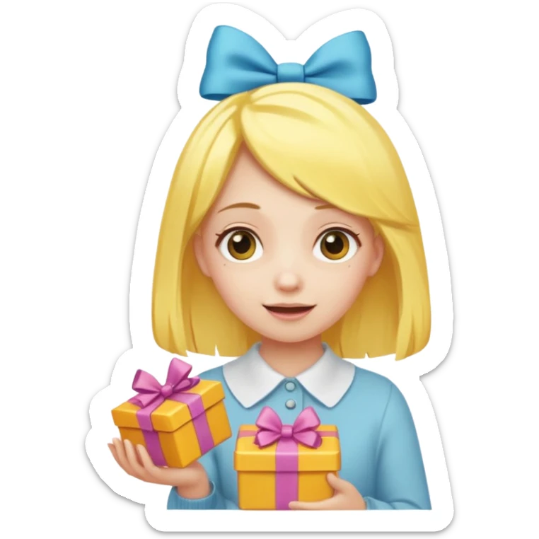 🥳🎀  sarı saçlı kız p saçının üstünde toka var tokat atmış iyi ki doğdun teyzeciğim diyor hem hediye var elimde çok kafasına tokat atmış sticker