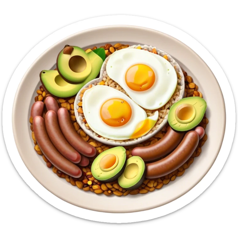 Bandeja Paisa Cinematic Realistic Bandeja Paisa Dish Emoji, depicted as a hearty platter featuring rice, beans, avocado slices, one sausage, a perfectly cooked egg, and crispy pork crackle, rendered with vivid textures and robust, inviting lighting. sticker