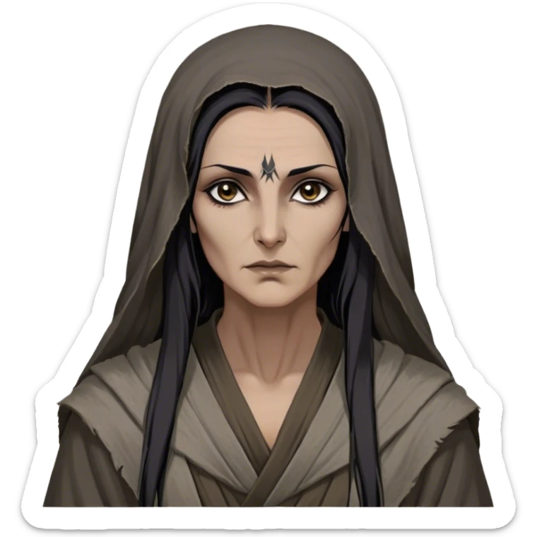 Mirri Maz Duur is a weathered, age 55 Lhazareen woman with deep-set dark eyes, high cheekbones, and a sharp nose, giving her a stern, knowing expression. Her long, unkempt dark hair streaked with gray falls loosely over her shoulders, and her earth-toned, tattered robes mark her as a humble healer. Despite her frail appearance, she exudes an aura of mystery and menace, her hands stained with herbs and blood from both healing and dark sorcery. sticker