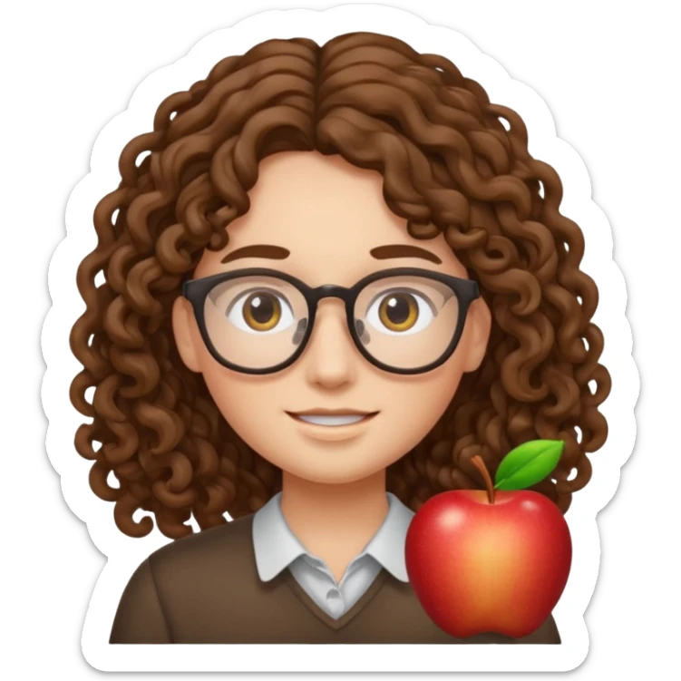 apple style emoji of a young modern face with long curly hair and glasses sticker