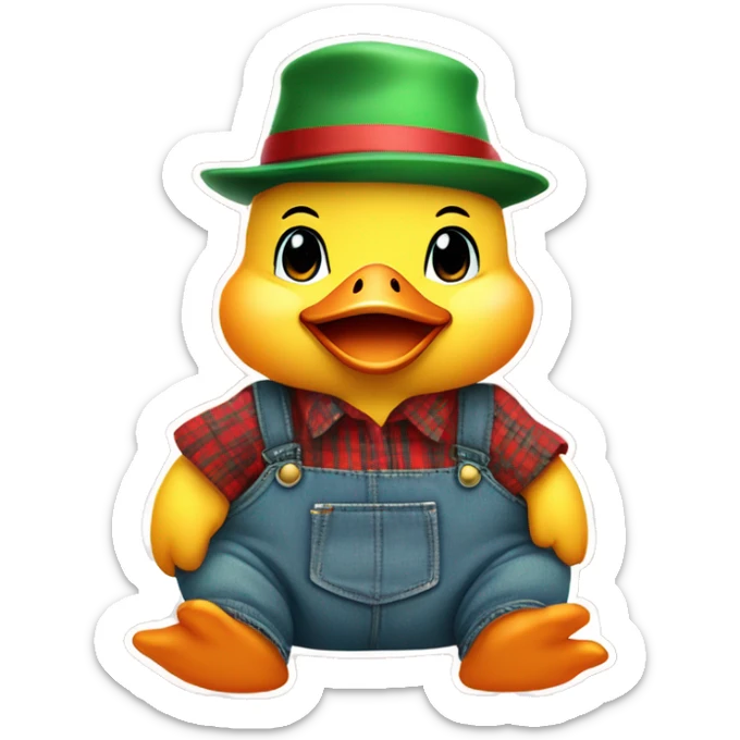 sitting cute fluffy chubby baby duck with hand and wear green hat and red checkered shirt and jeans jumpsuit sticker