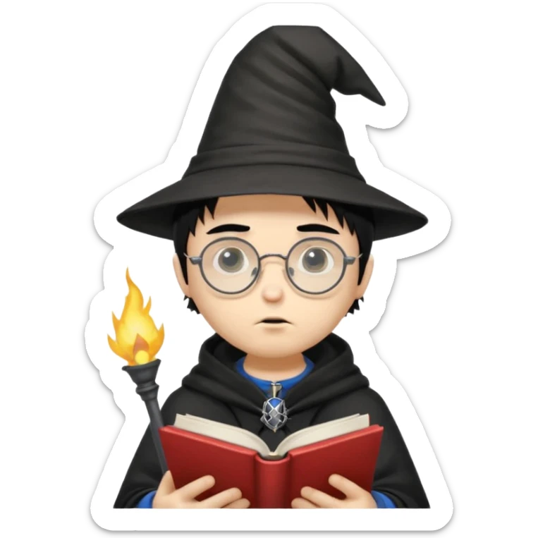 ["A sad boy with light skin, straight hair, wearing a wizard hat and round glasses, dressed in punk fashion, is reading a book while holding a phone."] sticker