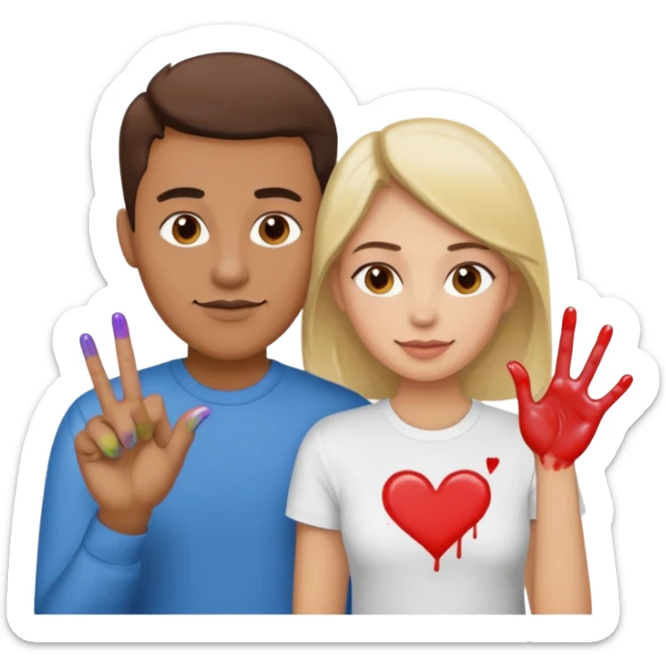 a couple the man has a shirt that says i love to finger paint and the womans shirt says am paint sticker